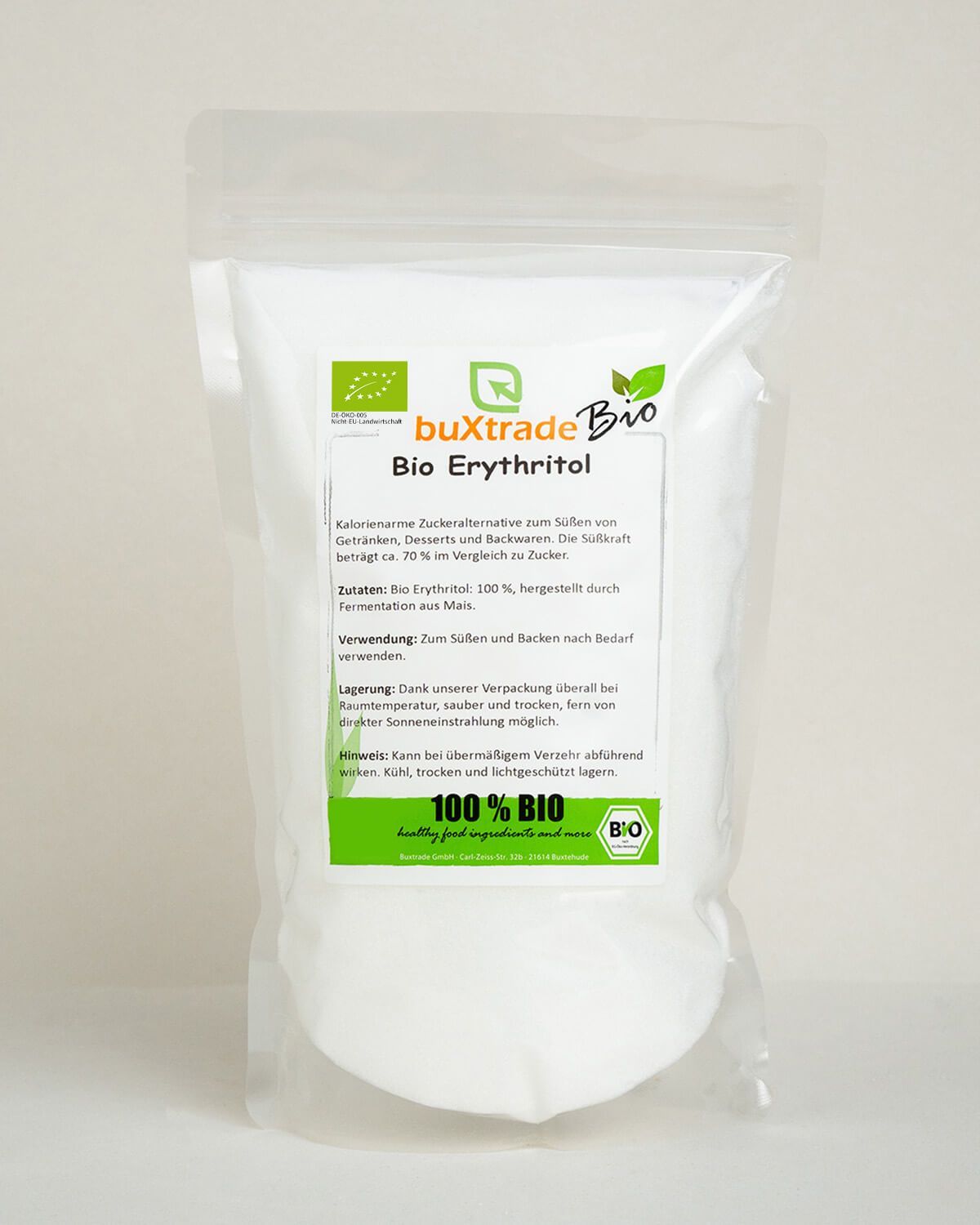Bio Erythritol Pulver in einem Standbodenbeutel mit Bio-Siegel und Produktinformationen.