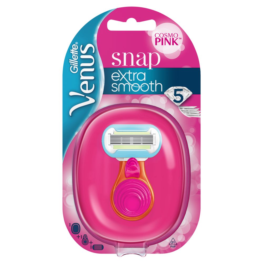 Gillette Venus Snap Extra Smooth Rasierer in Pink-Verpackung. Enthält Rasierer und pinkfarbene Hülle. Text: Venus, Snap, Extra Smooth.