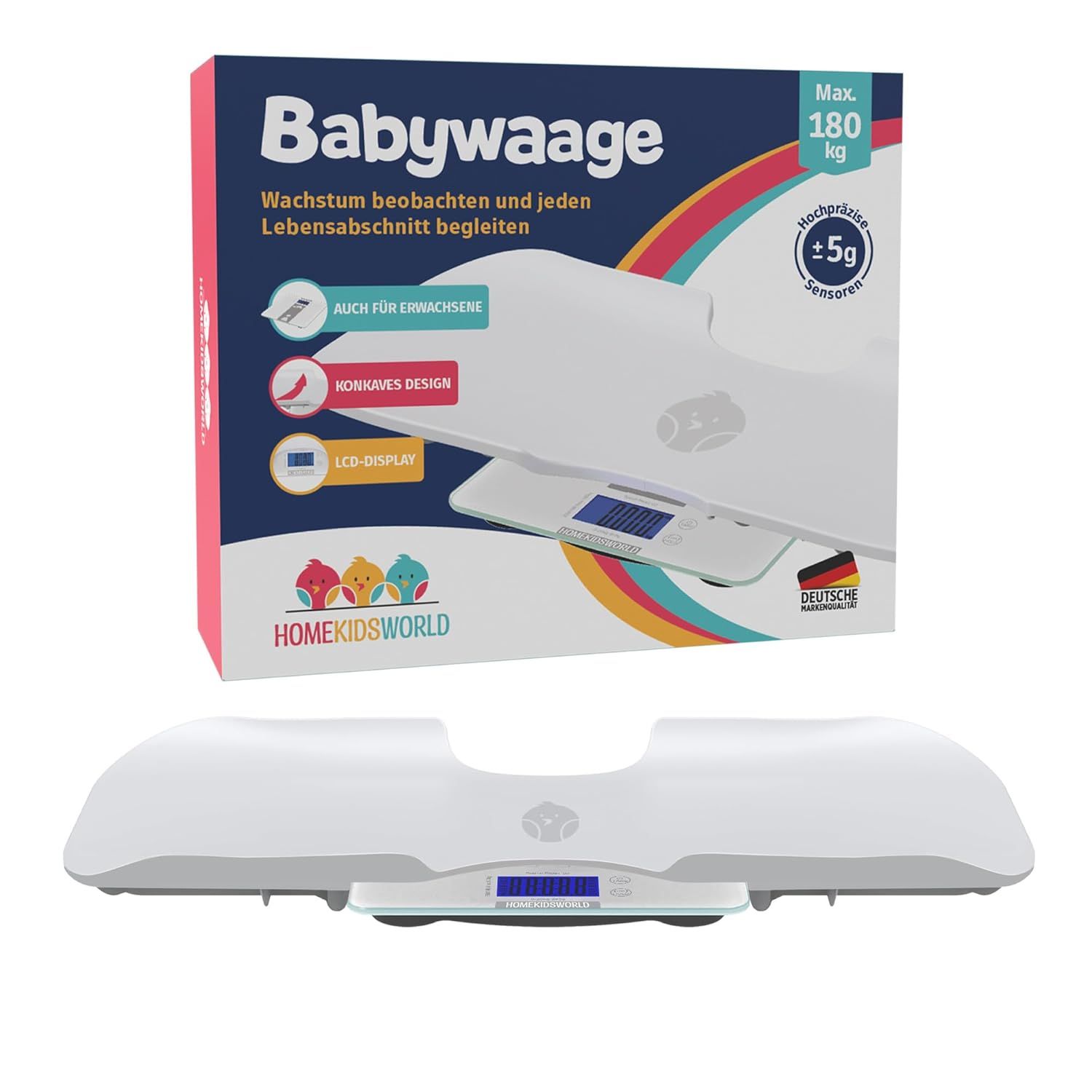 Verpackung und Waage. Babywaage mit LCD-Display. Maximale Belastbarkeit 180 kg. Marke HomeKidsWorld. Made in Germany.