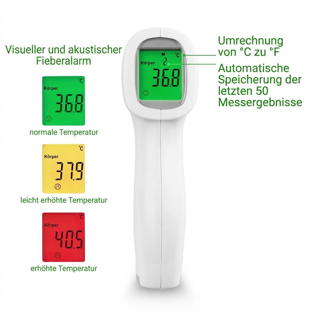 Kontaktloses Fieberthermometer mit Display, das 36,8°C anzeigt. Links: Fieberalarm-Anzeigen.