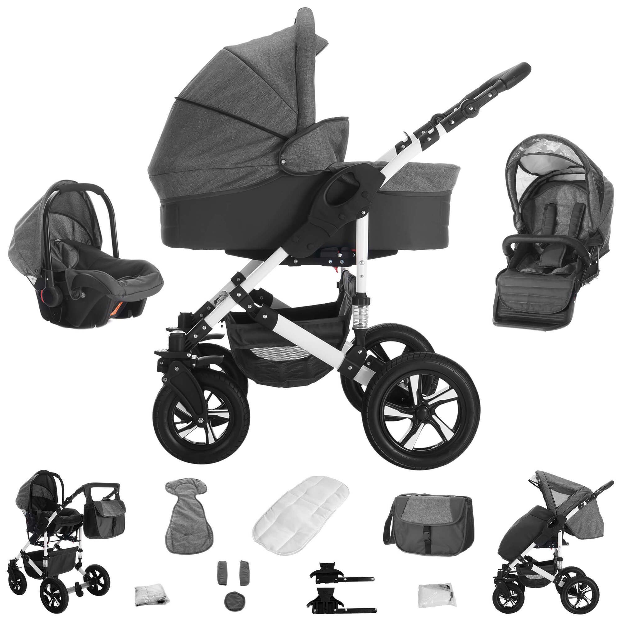 Kinderwagen-Set mit Luftreifen, grau-schwarz. Enthält Babywanne, Sportsitz, Babyschale und Zubehör. Weißes Gestell, schwarze Räder.