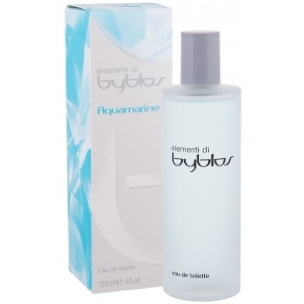 Byblos Aquamarine Eau de Toilette mit Verpackung. Flakon und Schachtel. Schachtel mit blauem Design. 'Aquamarine' und 'elementi di byblos'.