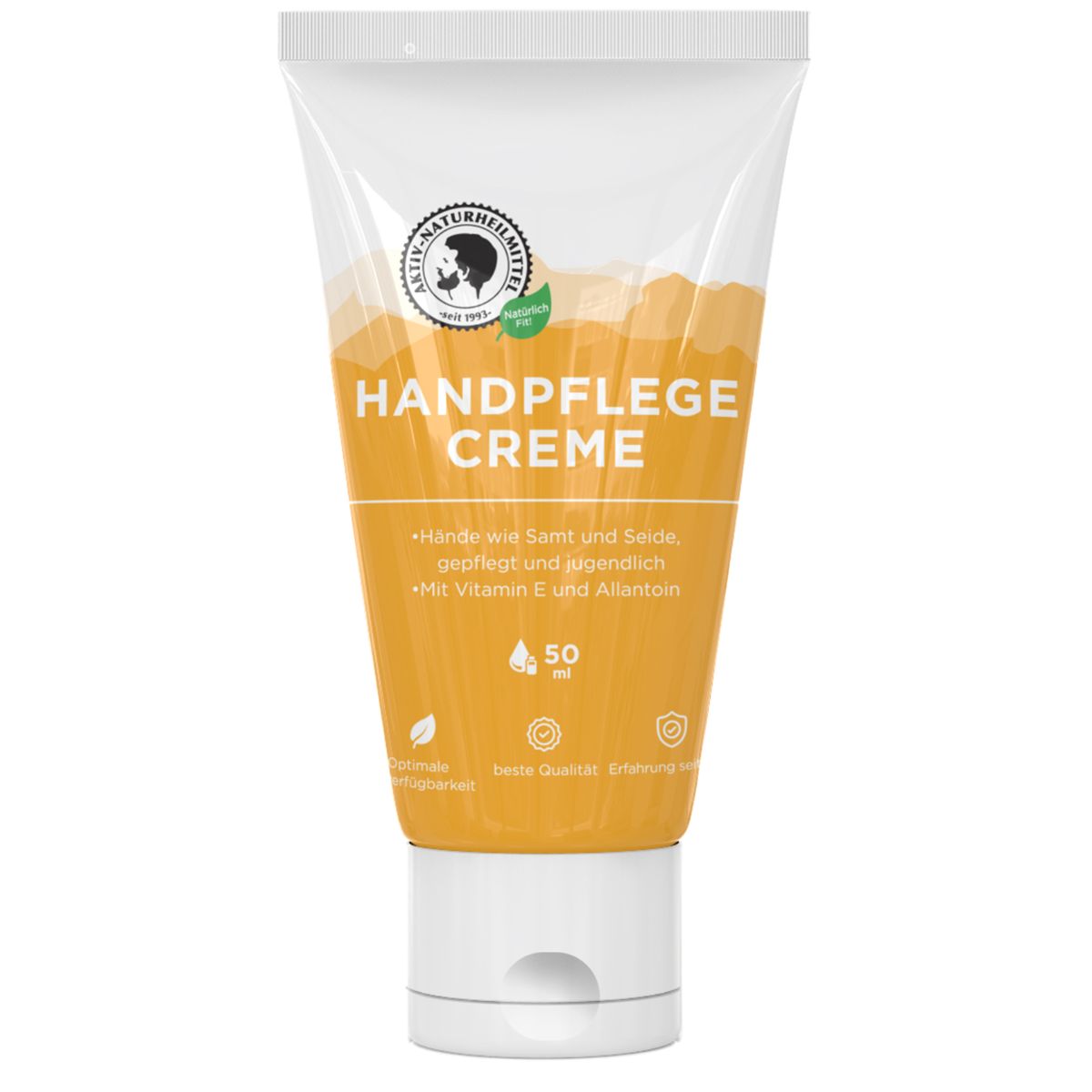 Creme-Tube mit weißem Deckel. Aufschrift: HANDPFLEGE CREME. Logo mit Schriftzug und Mann. Enthält Vitamin E und Allantoin. 50 ml.