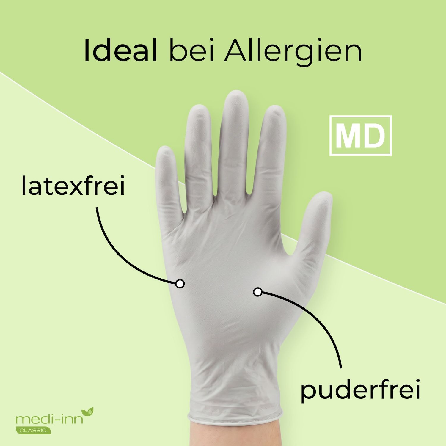 Weiße Nitrilhandschuhe, latexfrei, puderfrei, ideal bei Allergien. MD-Zertifizierung.