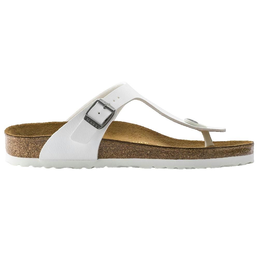 Sandalo bianco con cinturino e fibbia. Plantare in sughero, suola bianca. Logo Birkenstock sulla fibbia.