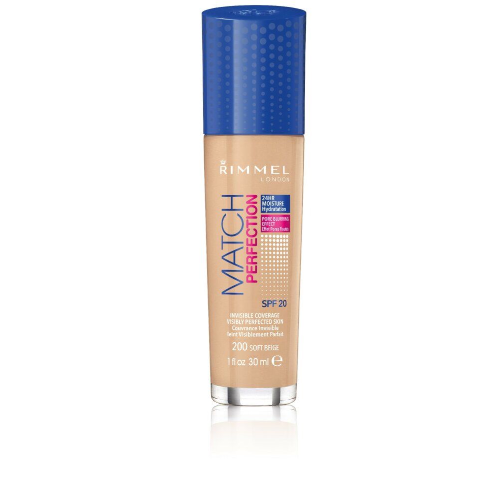 Rimmel Match Perfection Foundation. Flasche mit blauem Deckel. Farbton 200 Soft Beige. SPF 20. Sichtbare Produktinformationen.