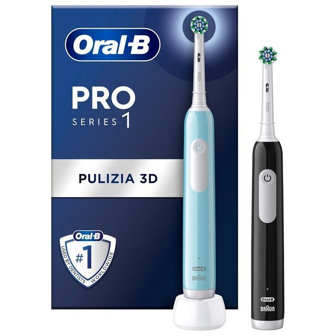 Zwei elektrische Zahnbürsten, blau und schwarz, mit Ladestation und Verpackung. Oral-B Pro Series 1.