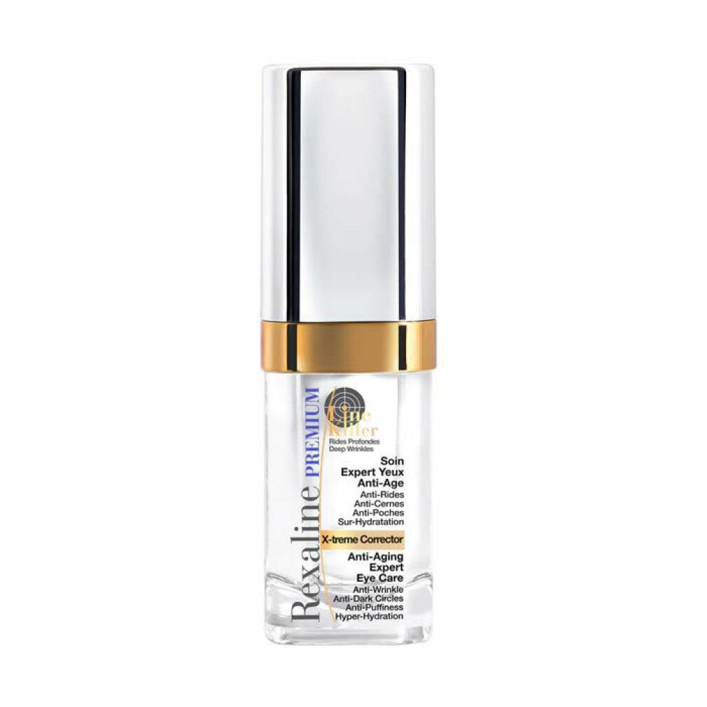 Transparente Flasche mit silbernem Deckel und goldenem Ring. Text: Rexaline Premium, Expert Augenpflege.