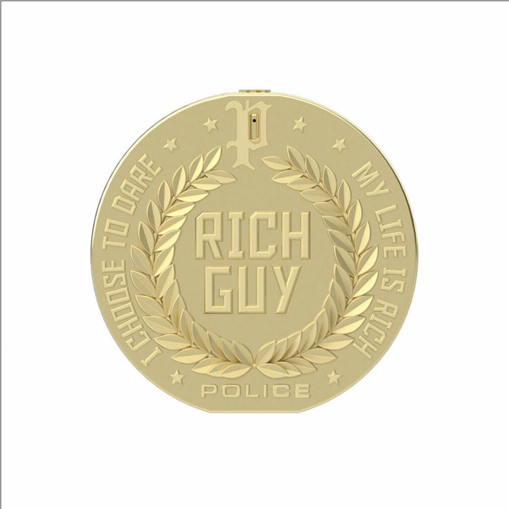 Goldfarbene runde Flasche. Aufschrift: "RICH GUY" in Lorbeerkranz, "POLICE". Text: "I CHOOSE TO DARE", "MY LIFE IS RICH".