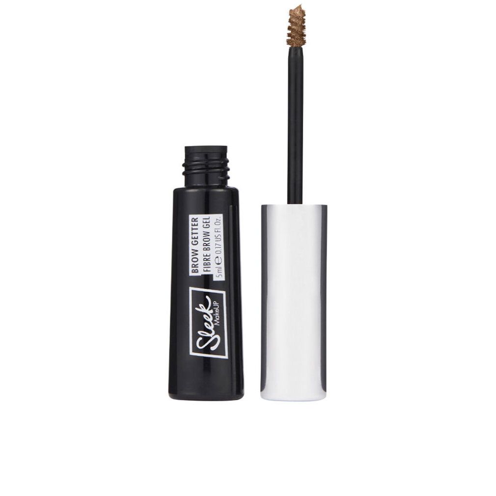 Brauen-Gel-Fläschchen mit Bürste. Schwarze Flasche, silberner Deckel. Text: Brow Getter Fibre Brow Gel.