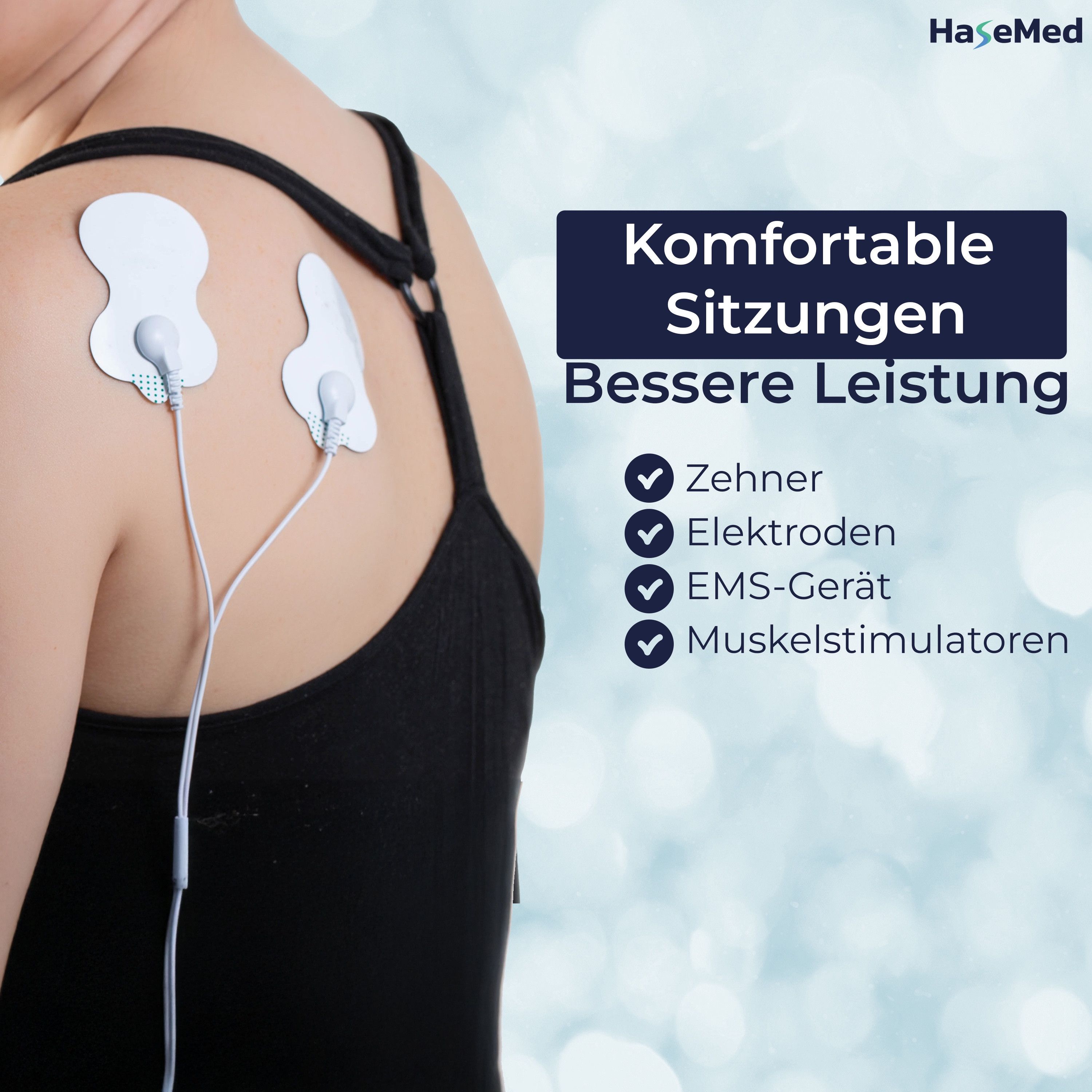 Rücken einer Person mit Elektroden und Kabeln. Text: Komfortable Sitzungen, bessere Leistung. Check-Icons: Zehner, Elektroden, EMS-Gerät, Muskelstimulatoren.