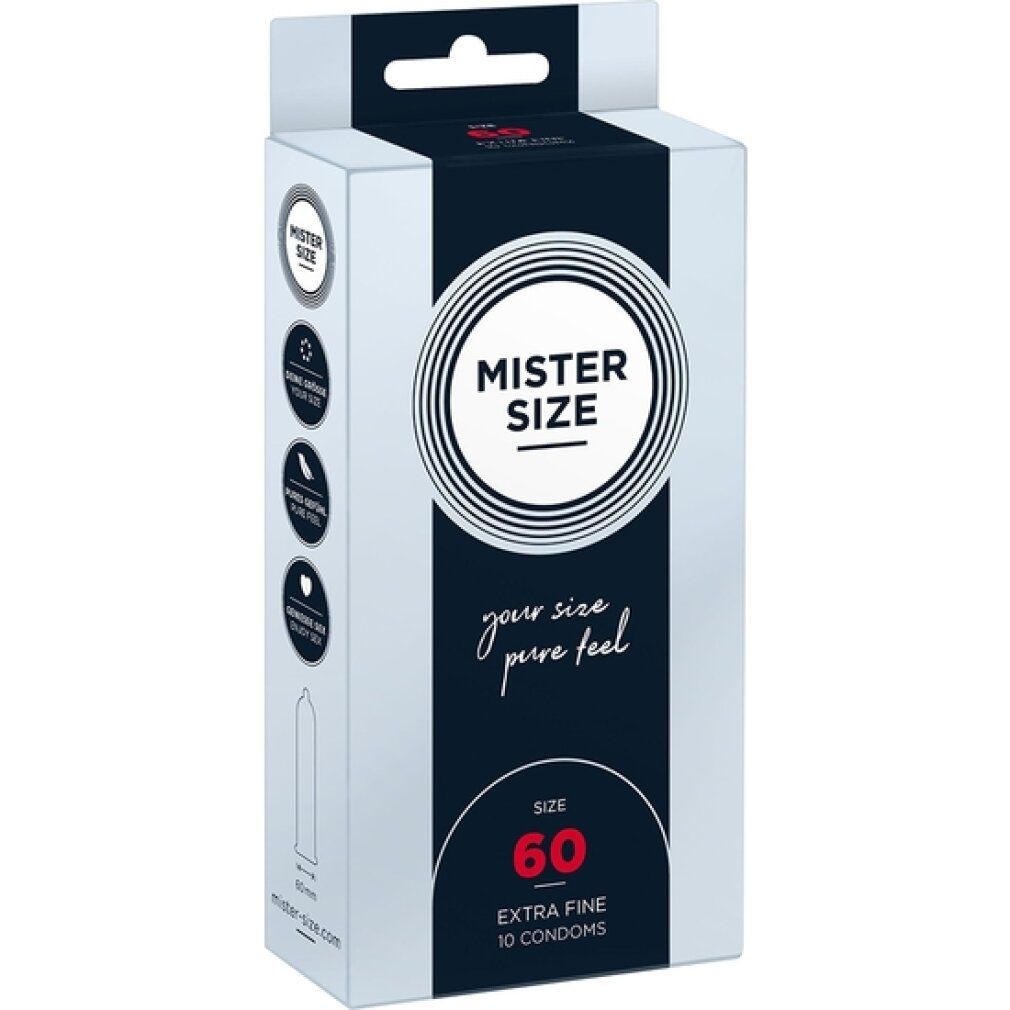 Kondom-Verpackung MISTER SIZE, Größe 60, extrafein. Schwarze und weiße Verpackung.