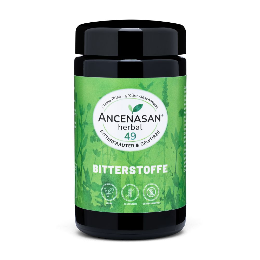 Schwarze Dose mit grünem Etikett. Text: ANCENASAN herbal 49 Bitterkräuter & Gewürze. Bitterstoffe.