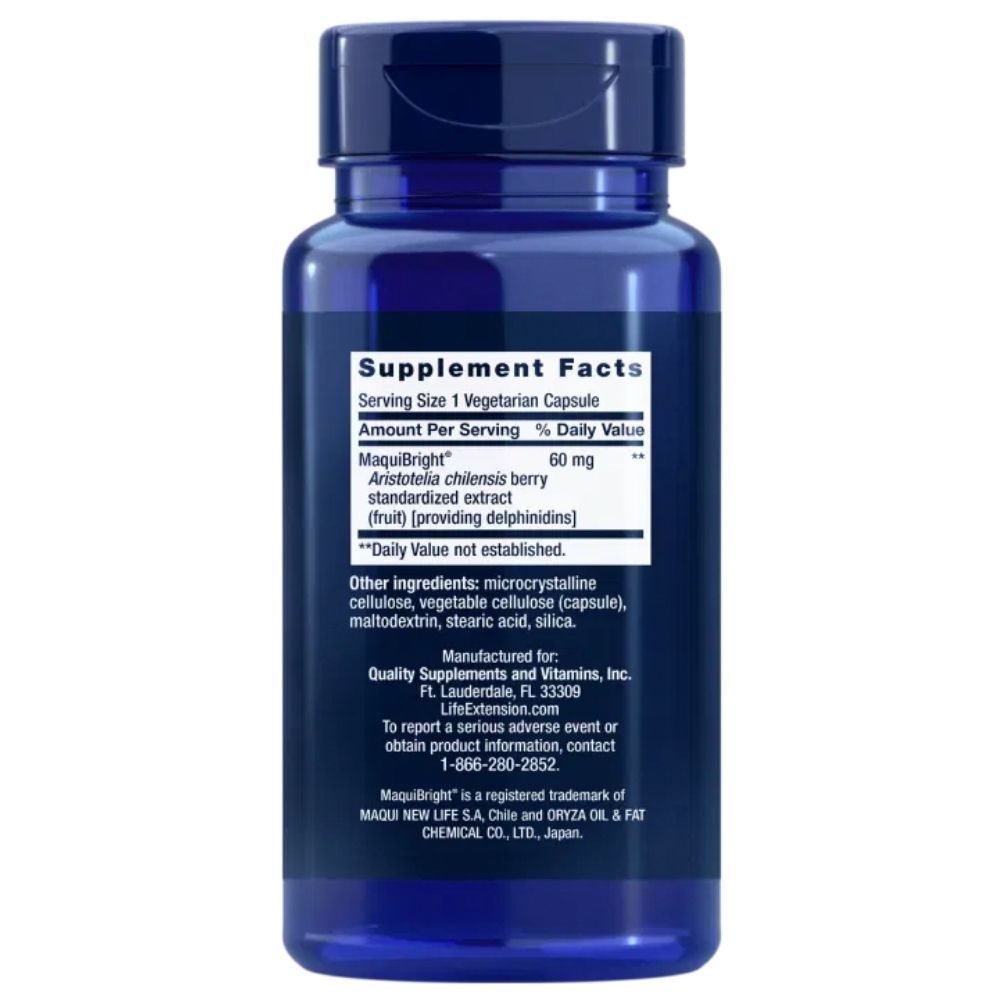 Rückseite eines dunklen blauen Kapselbehälters mit Nährwertangaben für Life Extension Tear Support mit MaquiBright®.