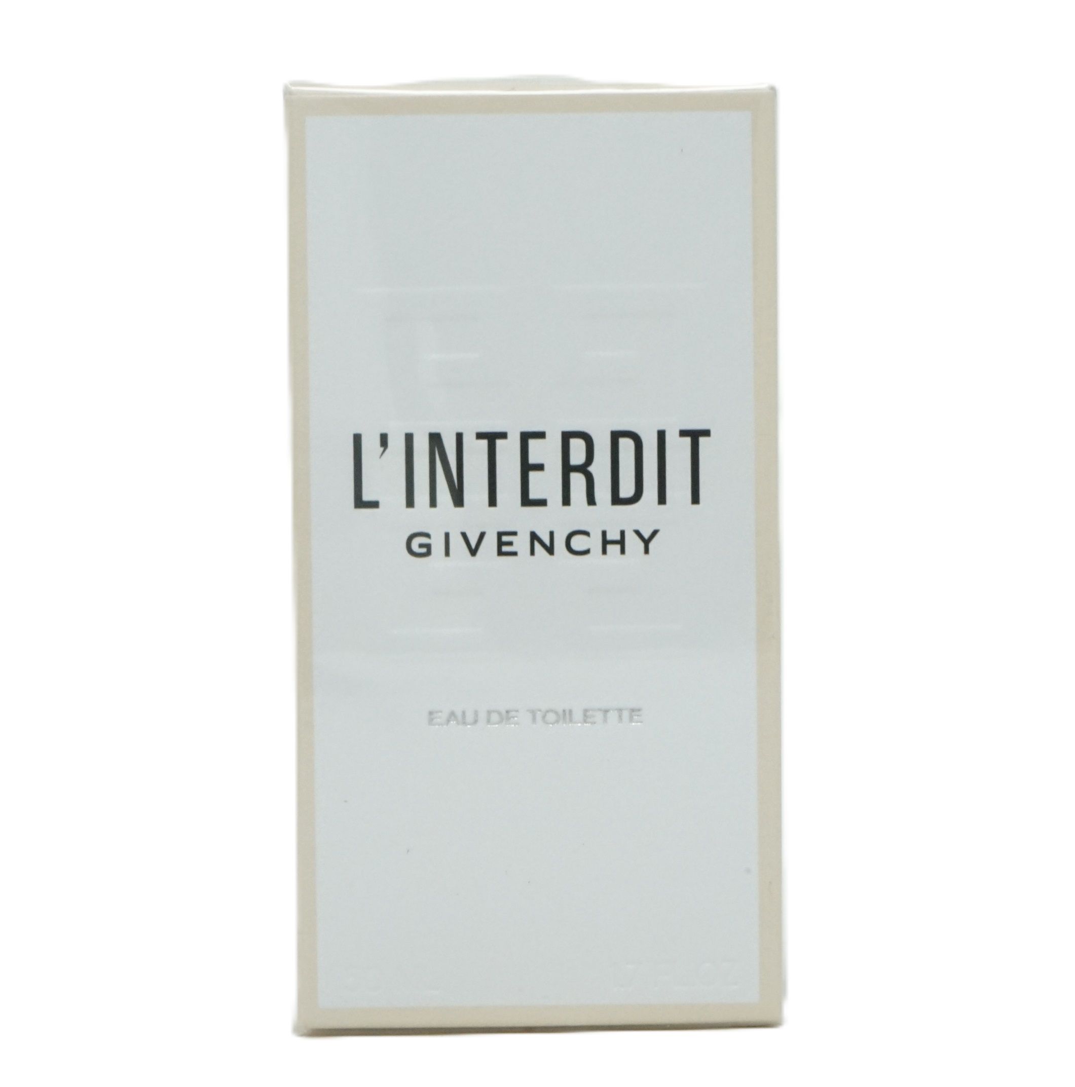 Weißer Karton mit "L'INTERDIT" und "GIVENCHY" Schriftzug. "EAU DE TOILETTE" darunter. Rechteckige Form.