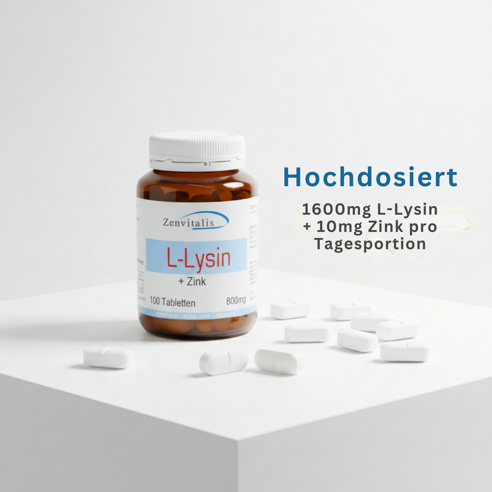 Tablettenflasche mit Tabletten auf weißer Oberfläche. Text: "Hochdosiert" und Mengenangaben.