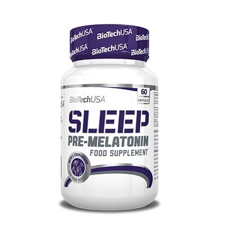 Weiße Flasche mit "SLEEP" und "PRE-MELATONIN" Aufschrift. Enthält 60 Kapseln. Marke: BioTechUSA.