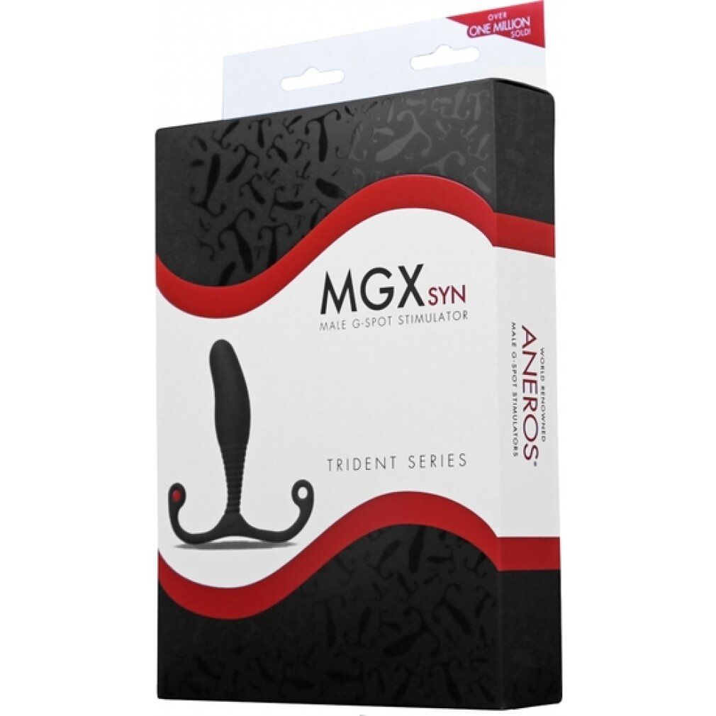 Schwarzes Stimulationsgerät in Verpackung. Aufschrift: MGX SYN Male G-Spot Stimulator. Trident Series. Aneros.