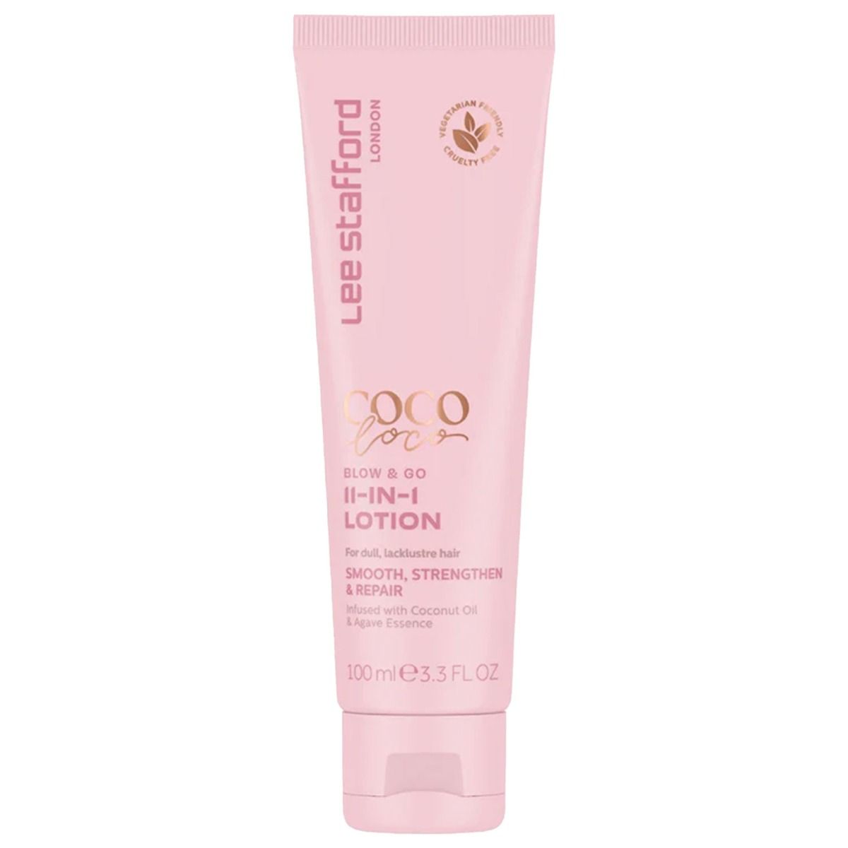Eine rosa Tube Lee Stafford Coco Loco 11-in-1 Lotion mit dem Logo und den Produktmerkmalen.