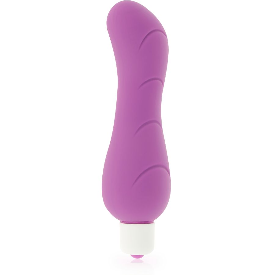 Lila Vibrator aus Silikon mit weißem Kopf. Geschwungene Form mit drei Rillen.