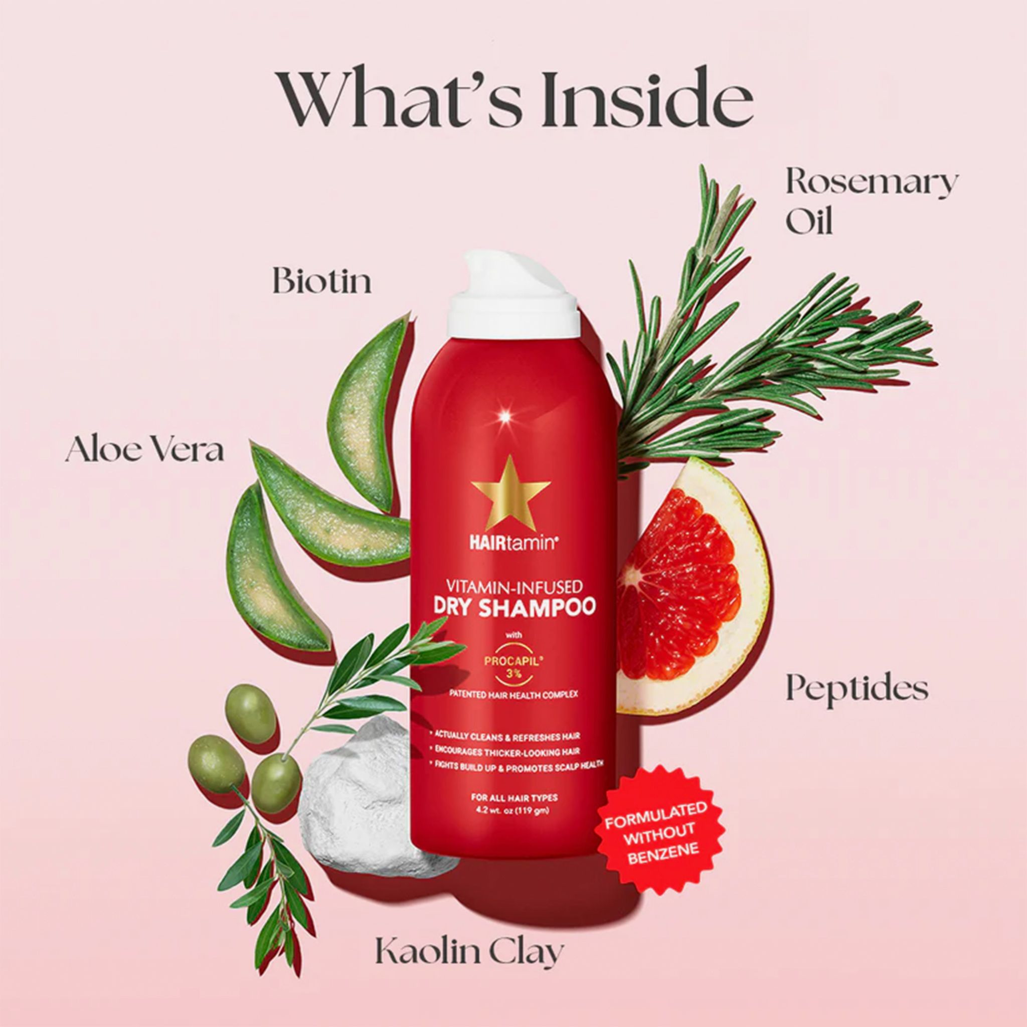 HAIRtamin Vitamin-Infused Dry Shampoo mit Inhaltsstoffen: Aloe Vera, Grapefruit, Rosmarinöl, Peptide, Kaolin-Ton, Biotin.