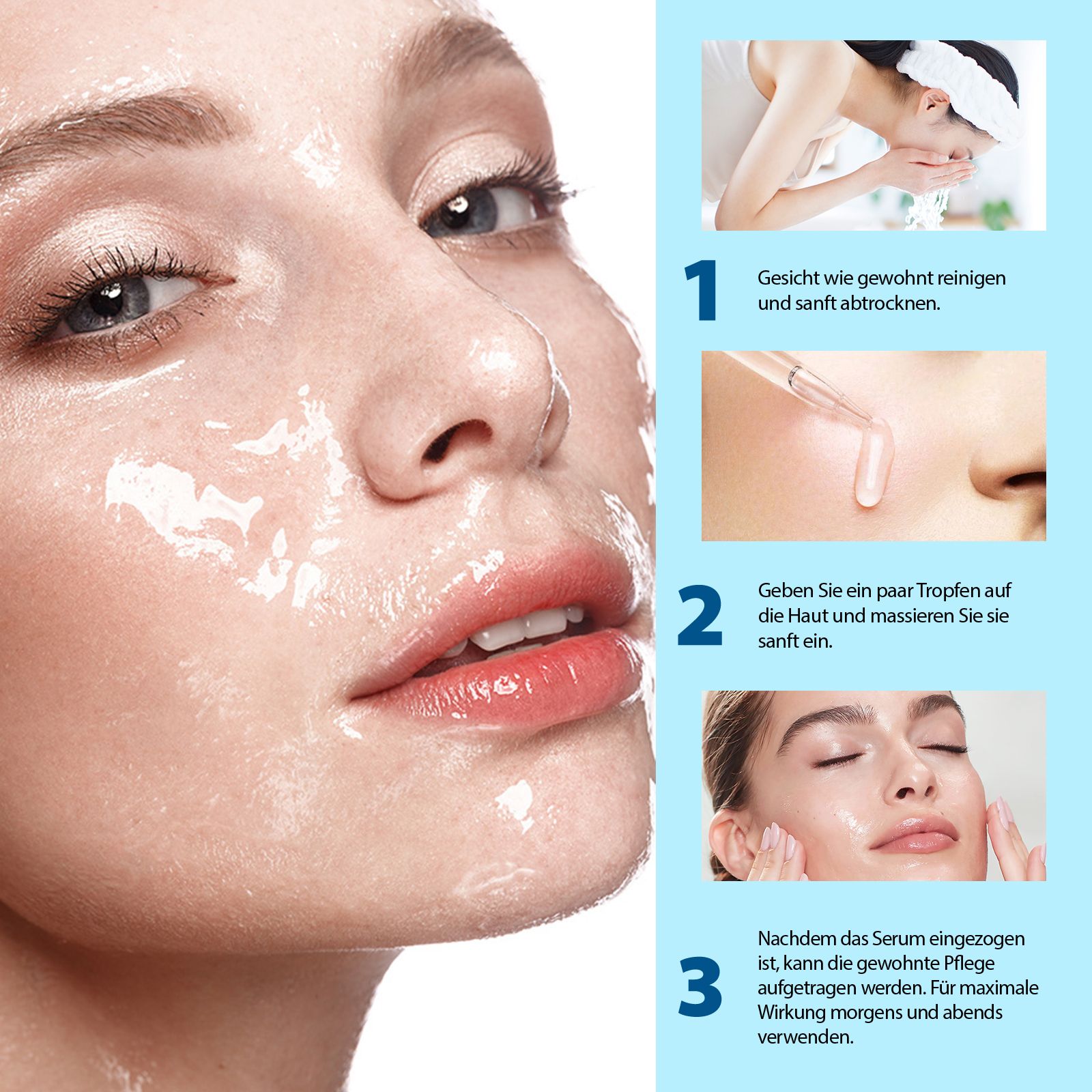 Gesicht mit Serum. Schritte: Reinigen, Serum auftragen, einmassieren. Text: Anwendung.