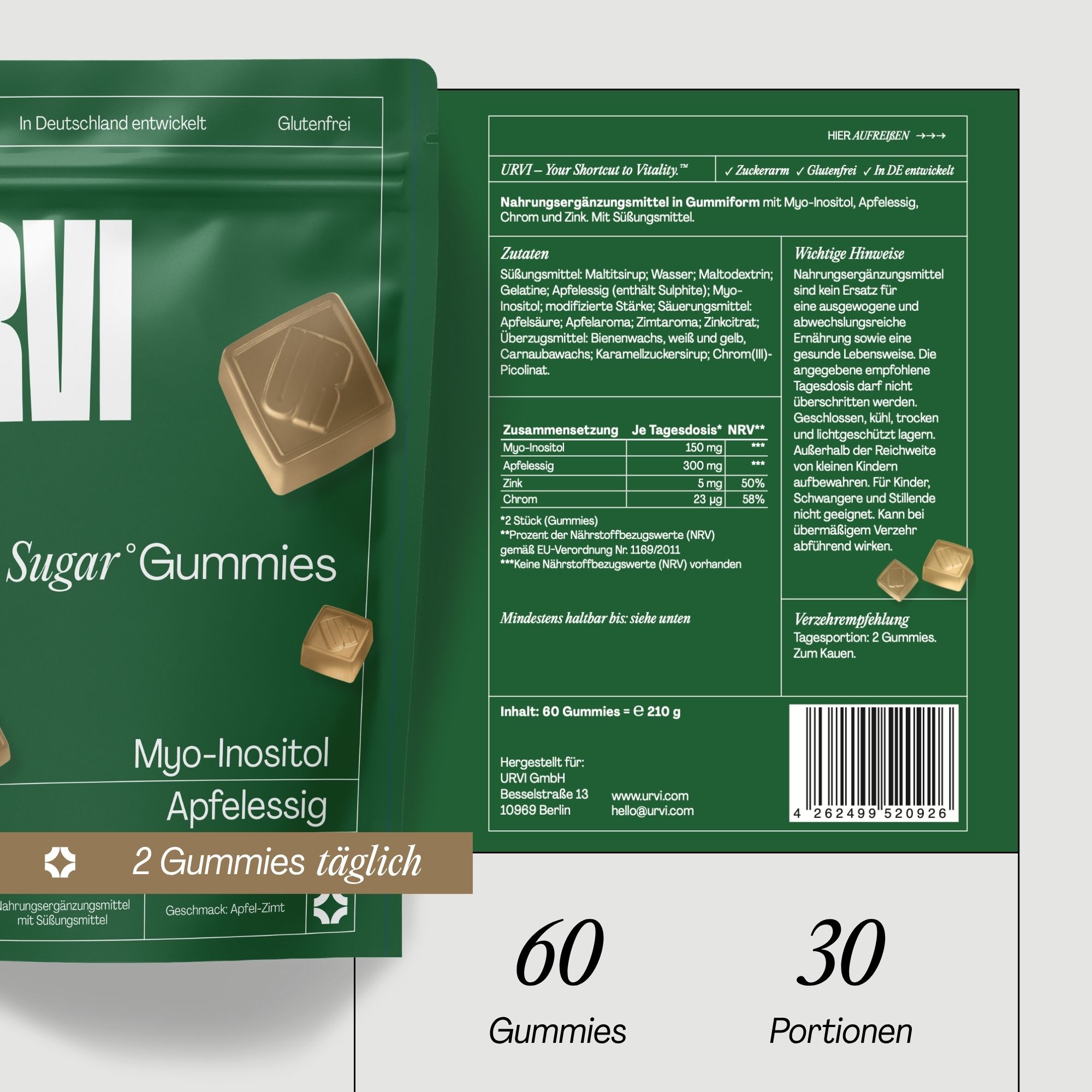 URVI® Apfelessig Gummies mit Myo-Inositol, Apfelessig, Chrom & Zink – Apfel-Zimt