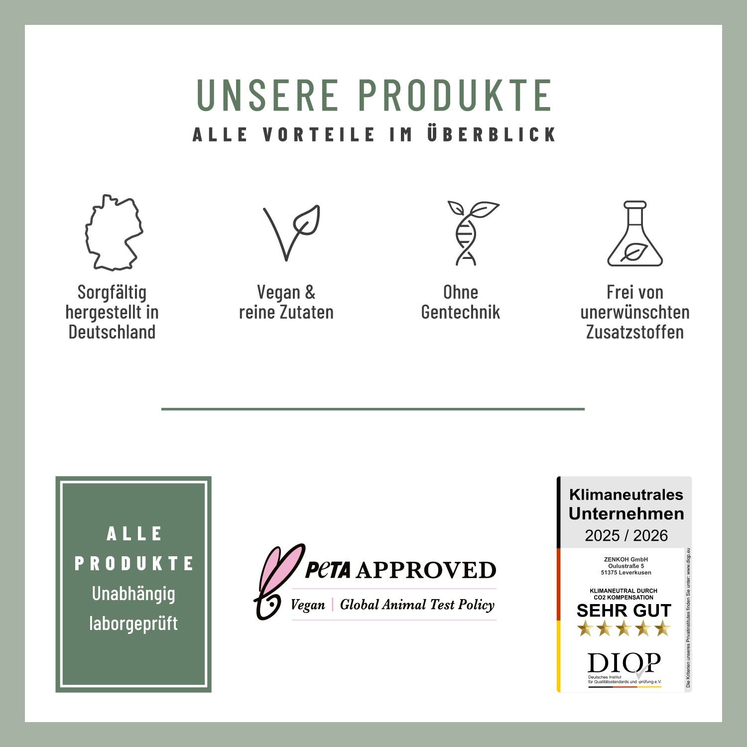 Infografik mit Produktvorteilen. Vegan, ohne Gentechnik, frei von Zusatzstoffen. PETA-Siegel und Klimaneutral-Zertifizierung.