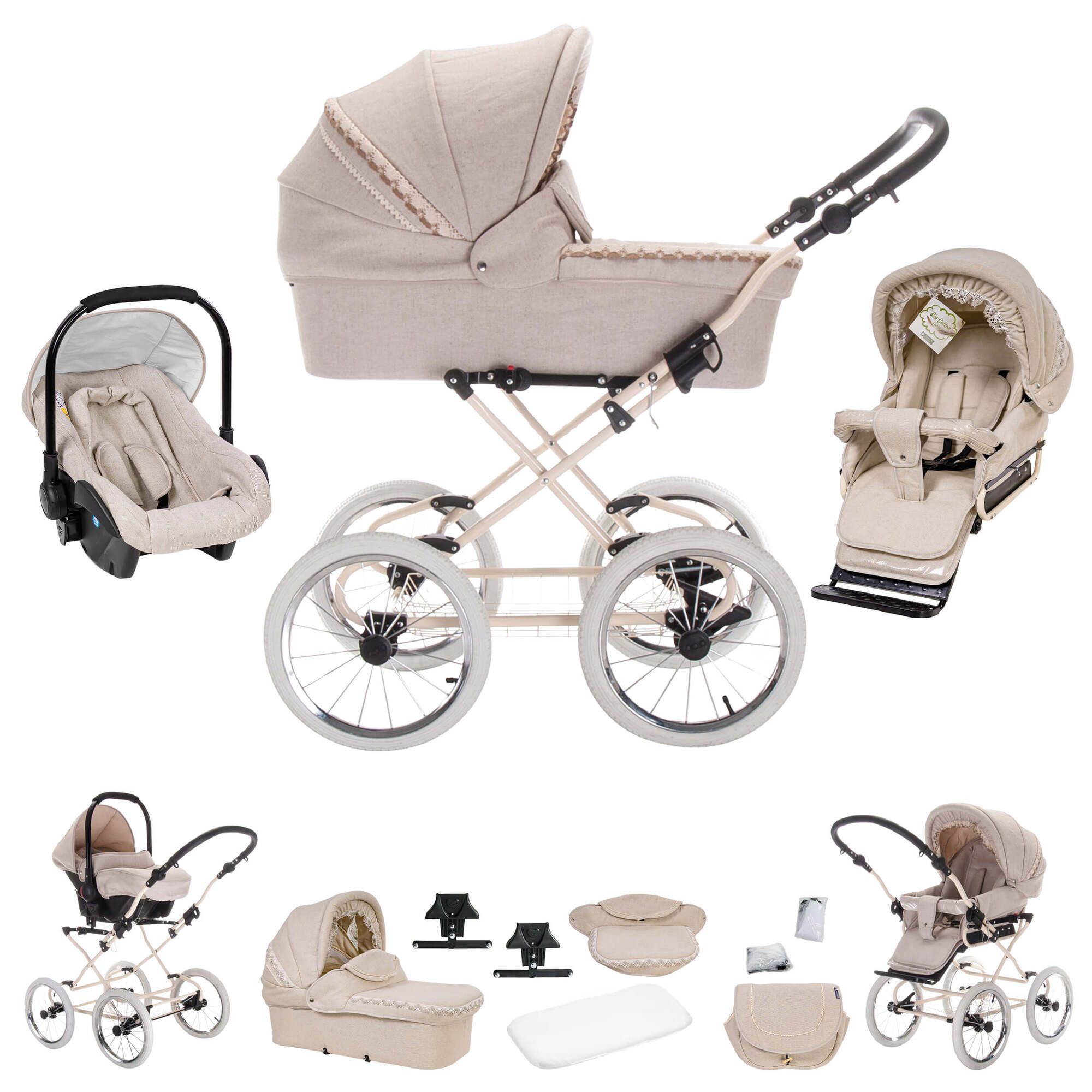 Friedrich Hugo Natureline 3 in 1 Kinderwagen Set Öko Nostalgie Kinderwagen, Elisabeth Creme