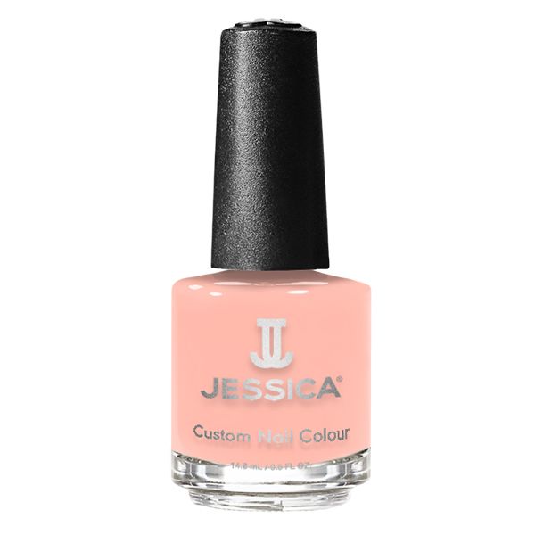 Nagellackflasche mit Pfirsichton. Schwarzer Deckel. Marke JESSICA, Schriftzug "Custom Nail Colour".