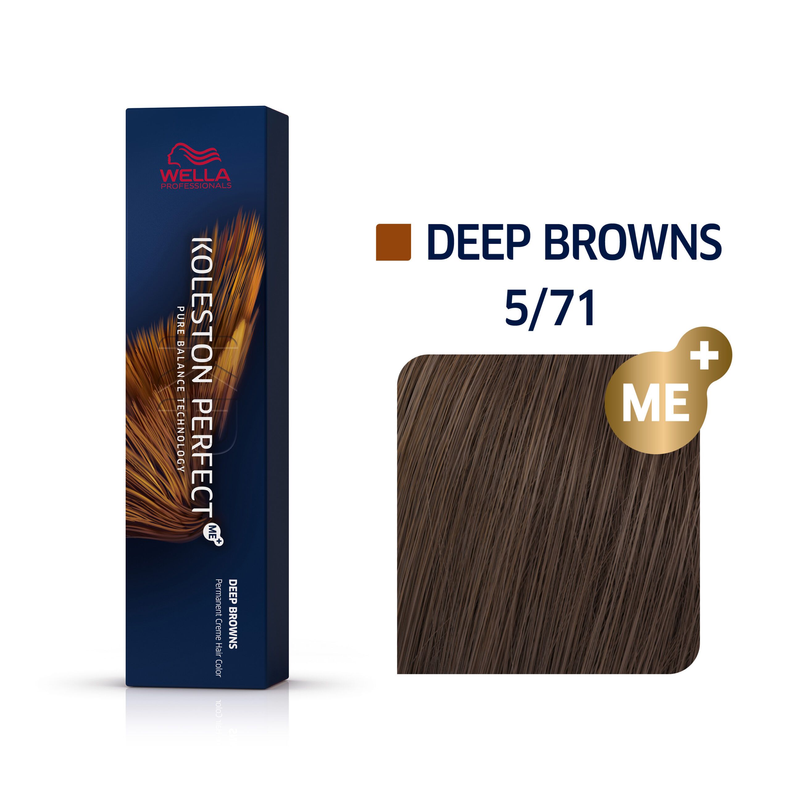 Dunkelblaue Verpackung und Farbmuster. Koleston Perfect, Deep Browns 5/71, ME+ Logo. Haarfärbemittel.