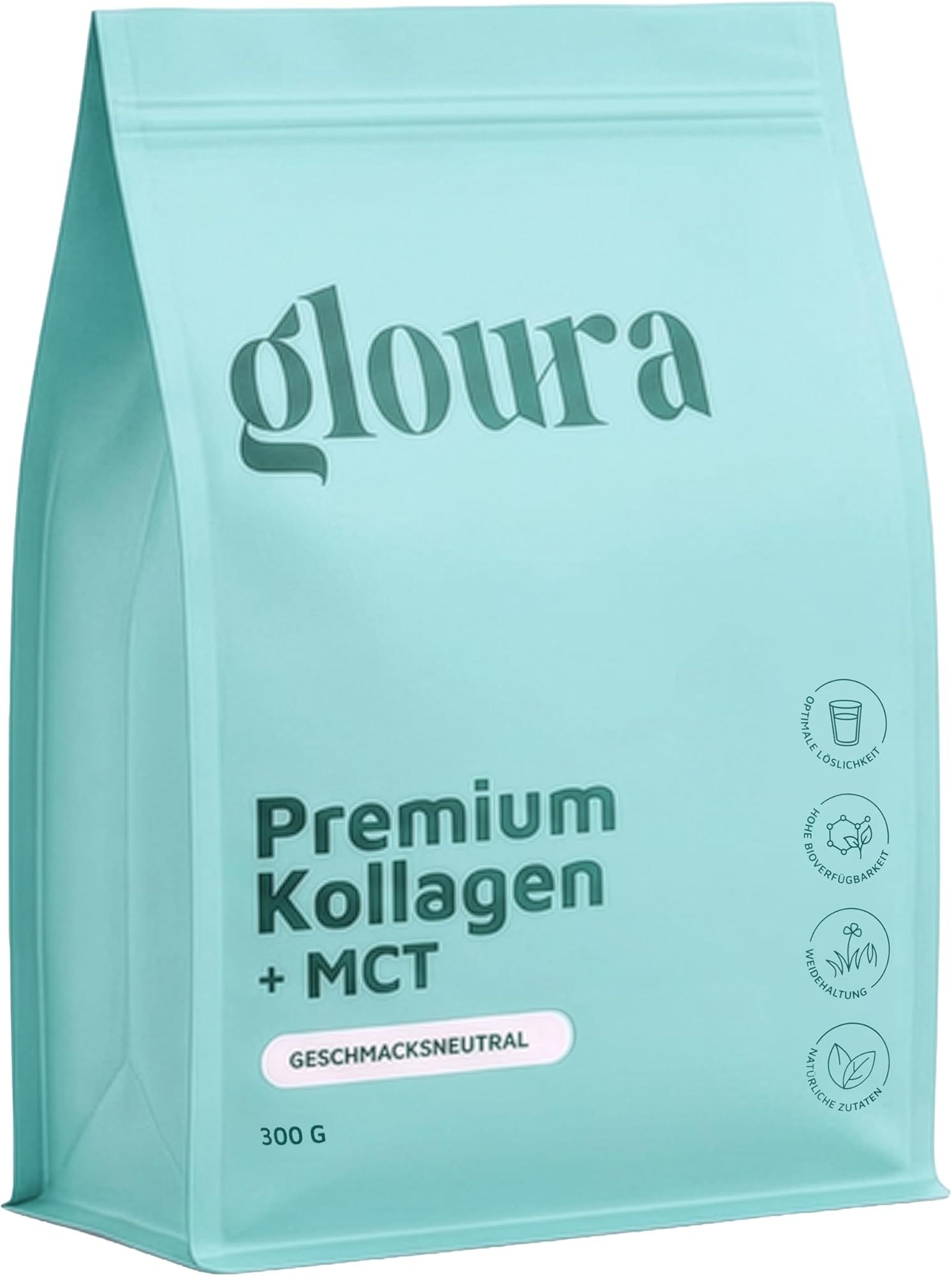 Hellblaues Produktbeutel mit Gloura-Logo. Text: Premium Kollagen + MCT, geschmacksneutral, 300g. Symbole für Löslichkeit, Bioverfügbarkeit.