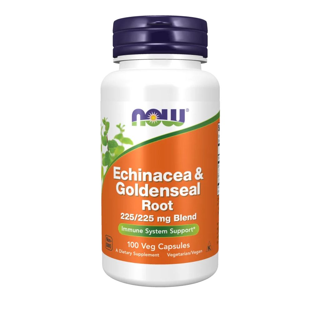 Weiße Flasche mit Kapseln. Aufschrift: Echinacea & Goldenseal Root, 225/225 mg Blend, 100 Veg Capsules. Marke: NOW.