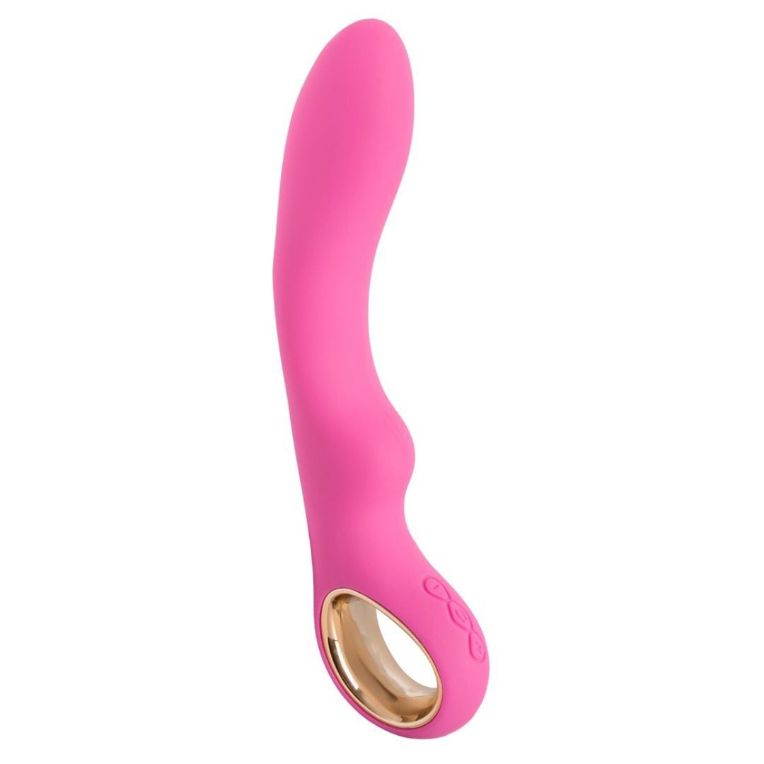 Pinkfarbener Vibrator mit gebogener Form und goldfarbenem Ring. Auf der Unterseite befinden sich drei Knöpfe.