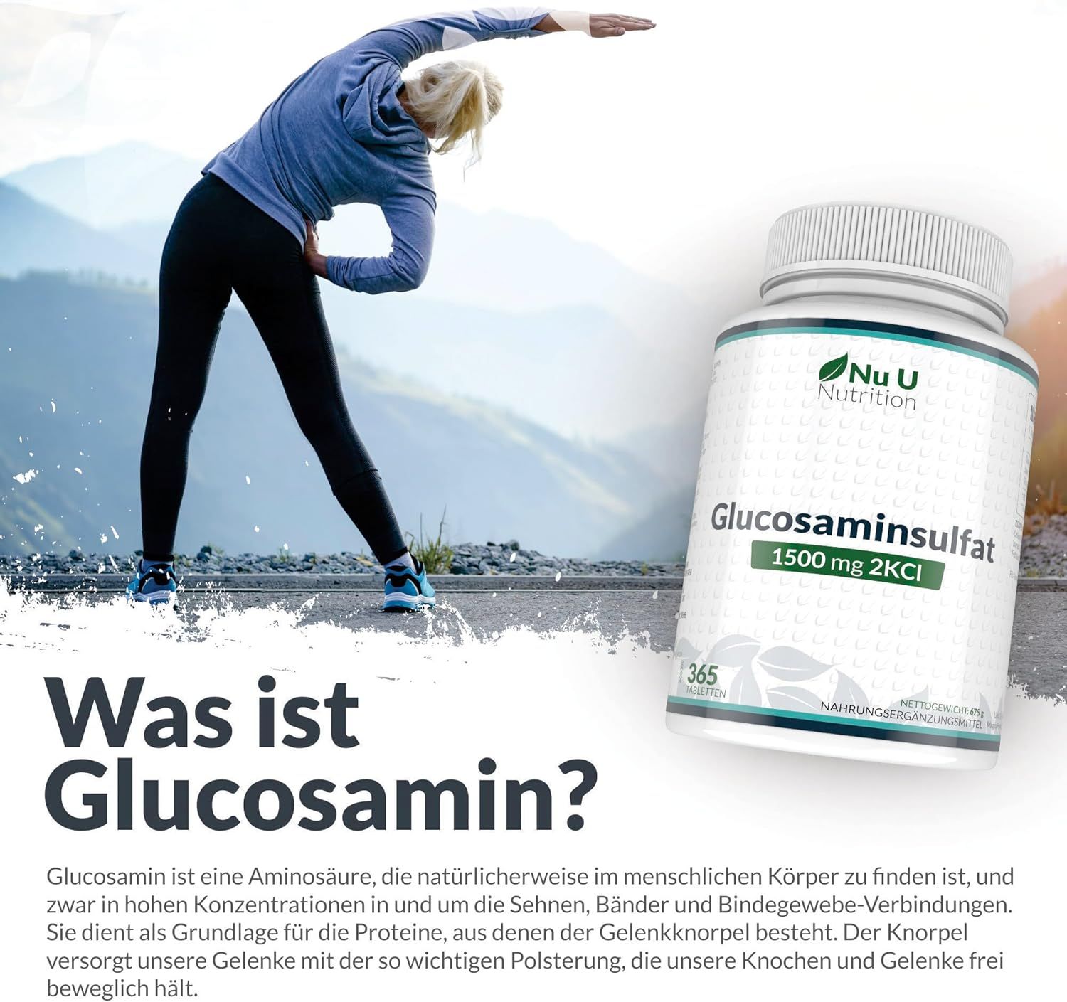 Produktflasche mit Glucosamin Sulfat 1500mg 2KCI. Frau beim Dehnen. Text: Was ist Glucosamin?