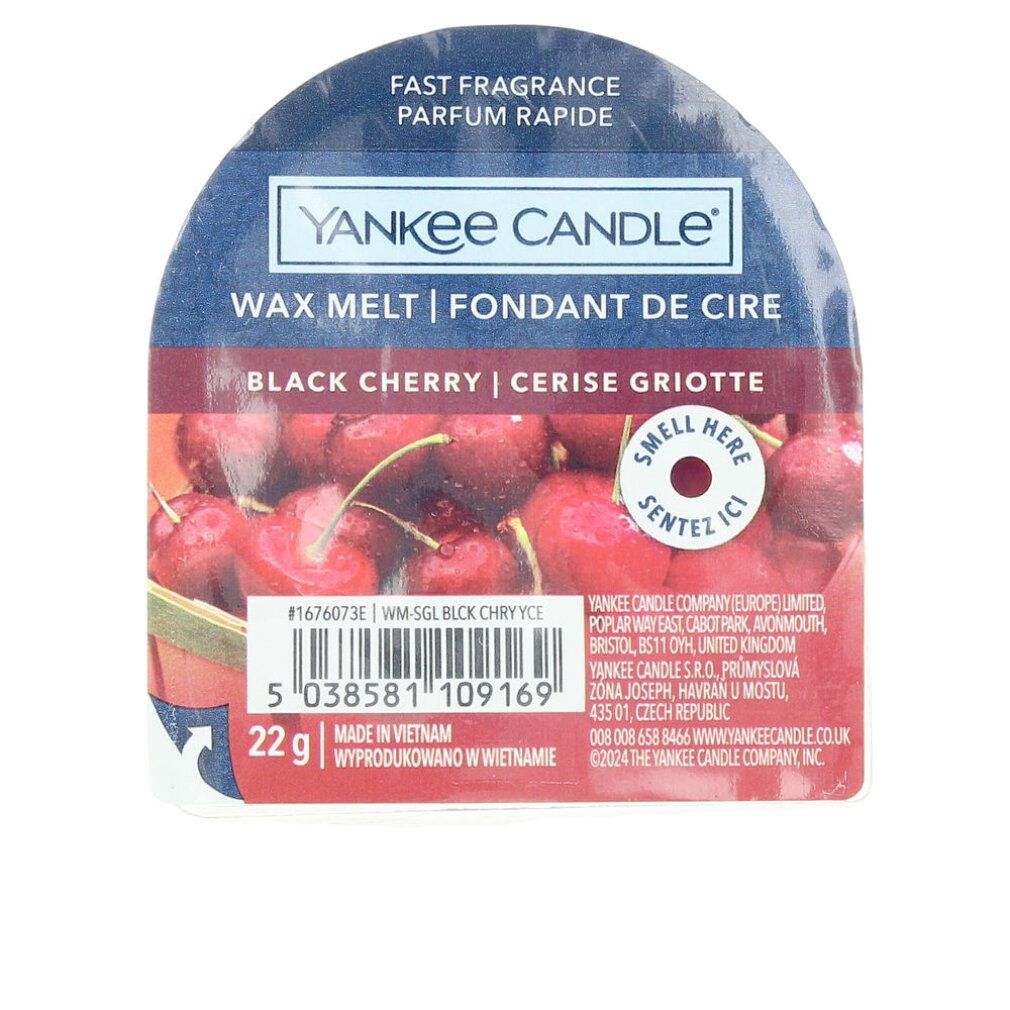 Verpackung mit Produktname, Produktbild und Barcode. Produktname: Black Cherry. Wachs Melt. 22g. Hergestellt in Vietnam.