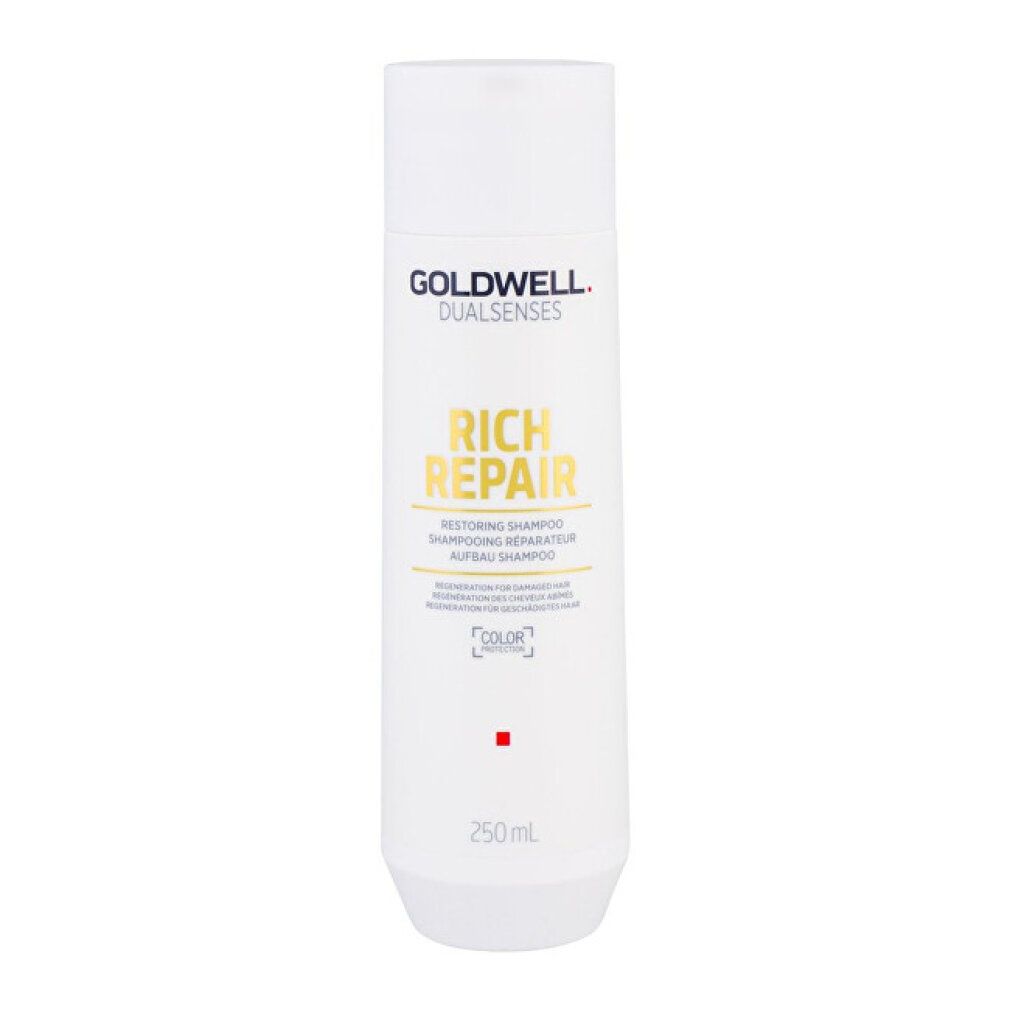 Weiße Shampoo-Flasche. Aufschrift: GOLDWELL, DUALSENSES, RICH REPAIR. Text: Restoring Shampoo. 250ml.