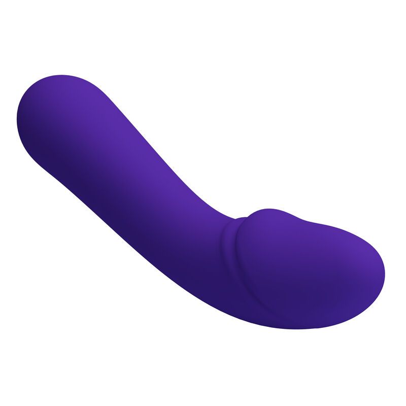 Lila Vibrator mit gebogener Form. Oberteil mit erhabenem Bereich. Glatte Oberfläche.