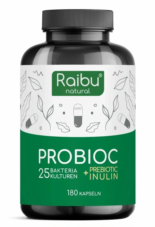 Schwarze Flasche mit grünem Etikett. Enthält 180 Kapseln. Aufschrift: PROBIOC, 25 Bakterienkulturen + Inulin. Marke: Raibu natural.