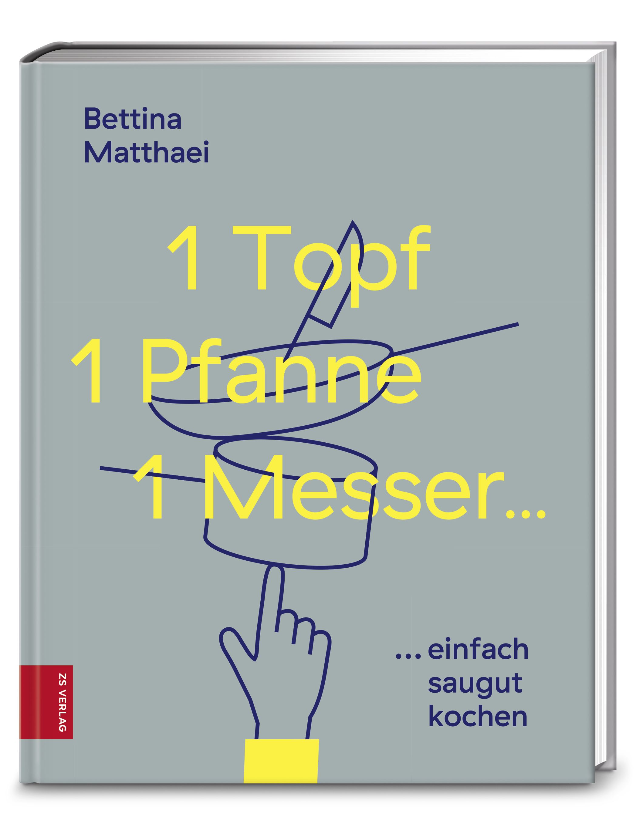 Buchcover mit Titel "1 Topf, 1 Pfanne, 1 Messer". Autorin: Bettina Matthaei. Verlag: ZS Verlag. Illustration: Hand, Topf, Pfanne, Messer.
