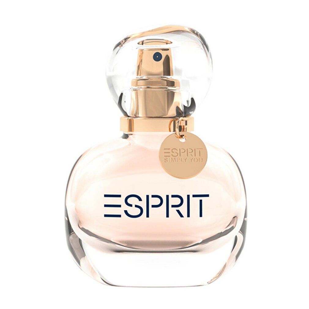 Parfümflakon mit rundem Körper, goldfarbenem Zerstäuber und durchsichtigem Verschluss. Aufschrift ESPRIT.