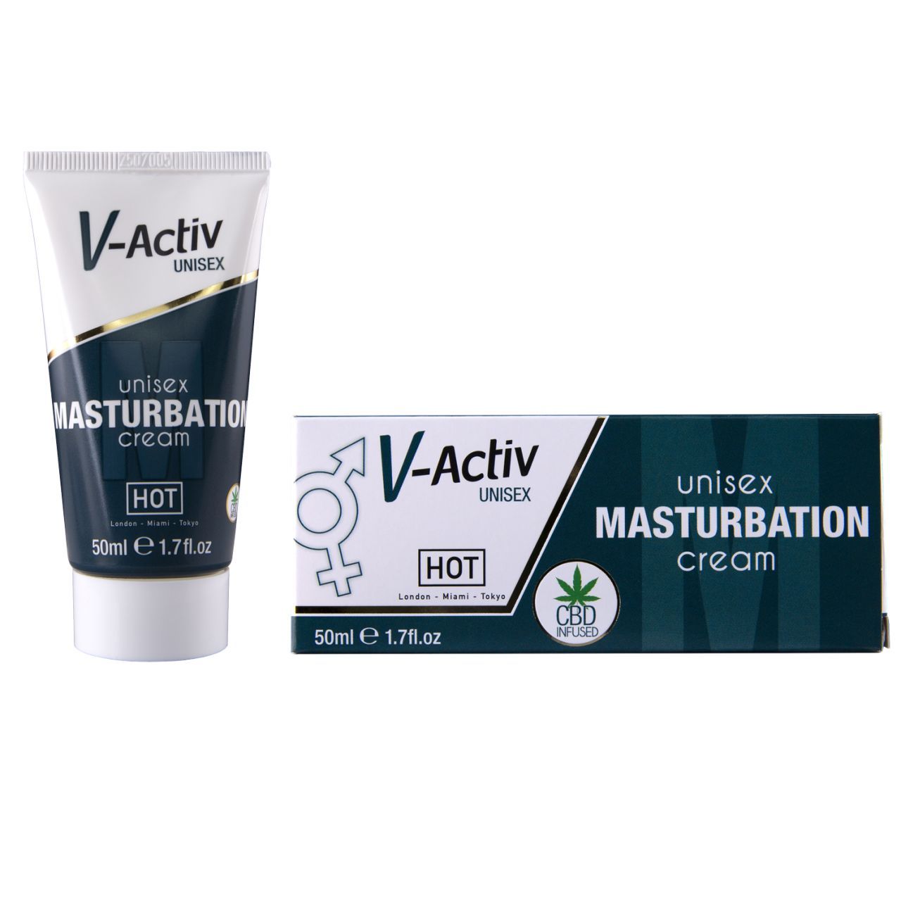 Produktverpackung und Tube nebeneinander. V-Activ Unisex Masturbationscreme. 50ml.