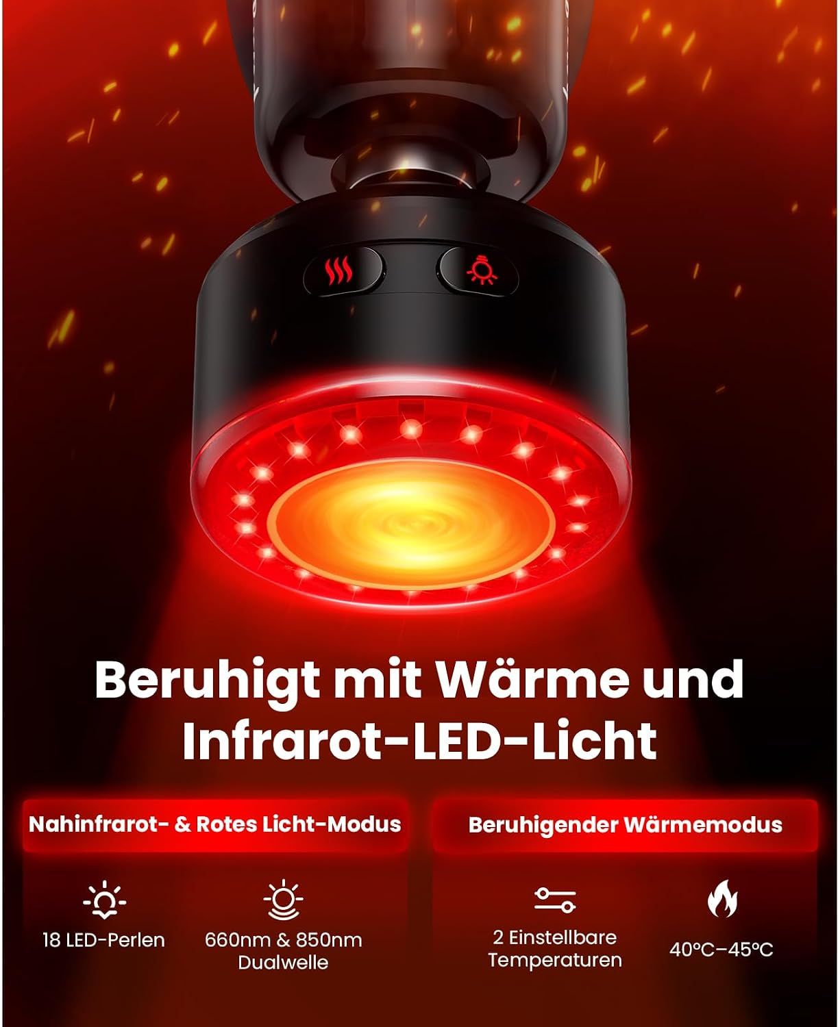 Massagepistolenkopf mit rotem Infrarot-LED-Licht und Wärmefunktion.
