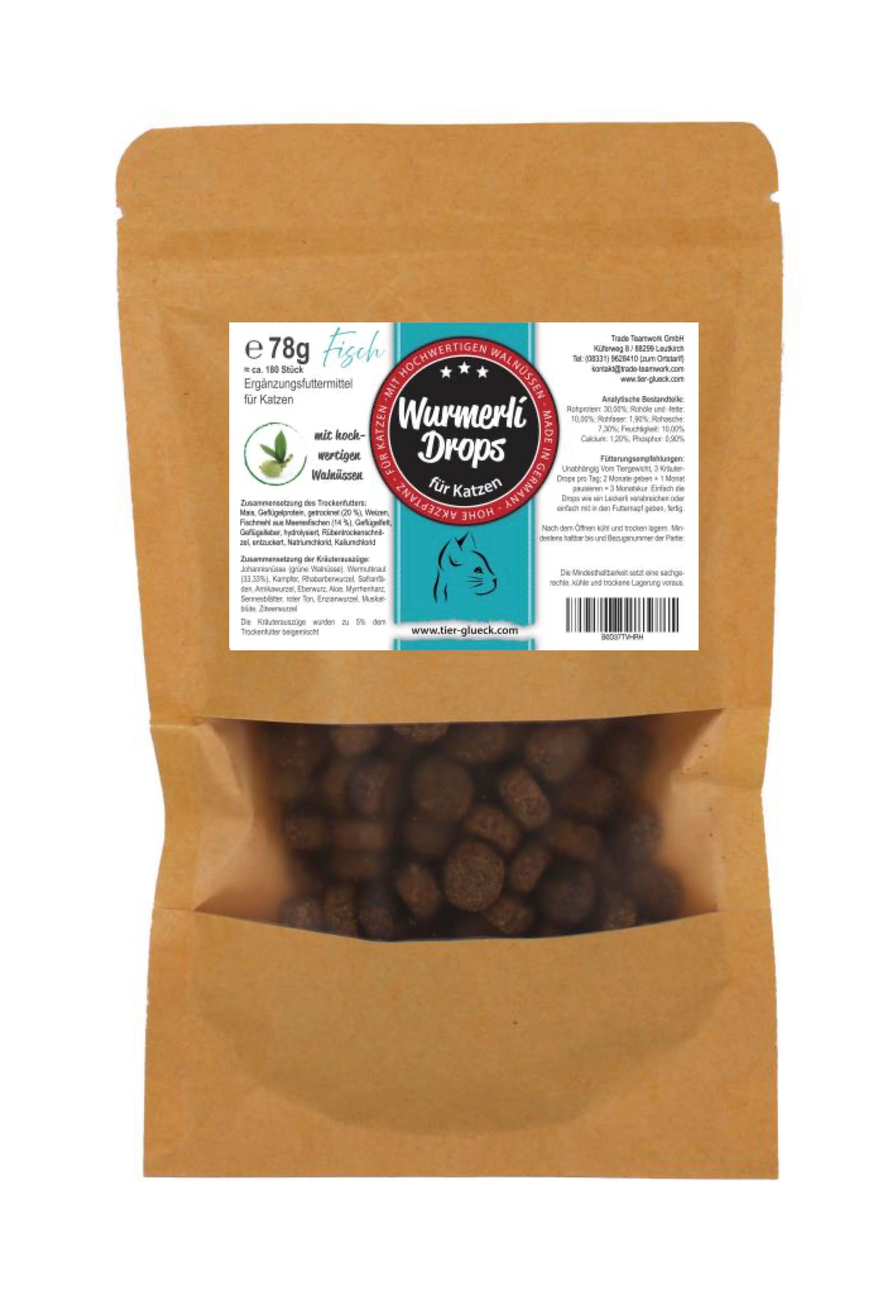 Einzelner Beutel Katzen-Leckerlis. Braune Papierverpackung mit Sichtfenster. Aufdruck: Wurmerli Drops, Fisch, Walnuss & Wermut.