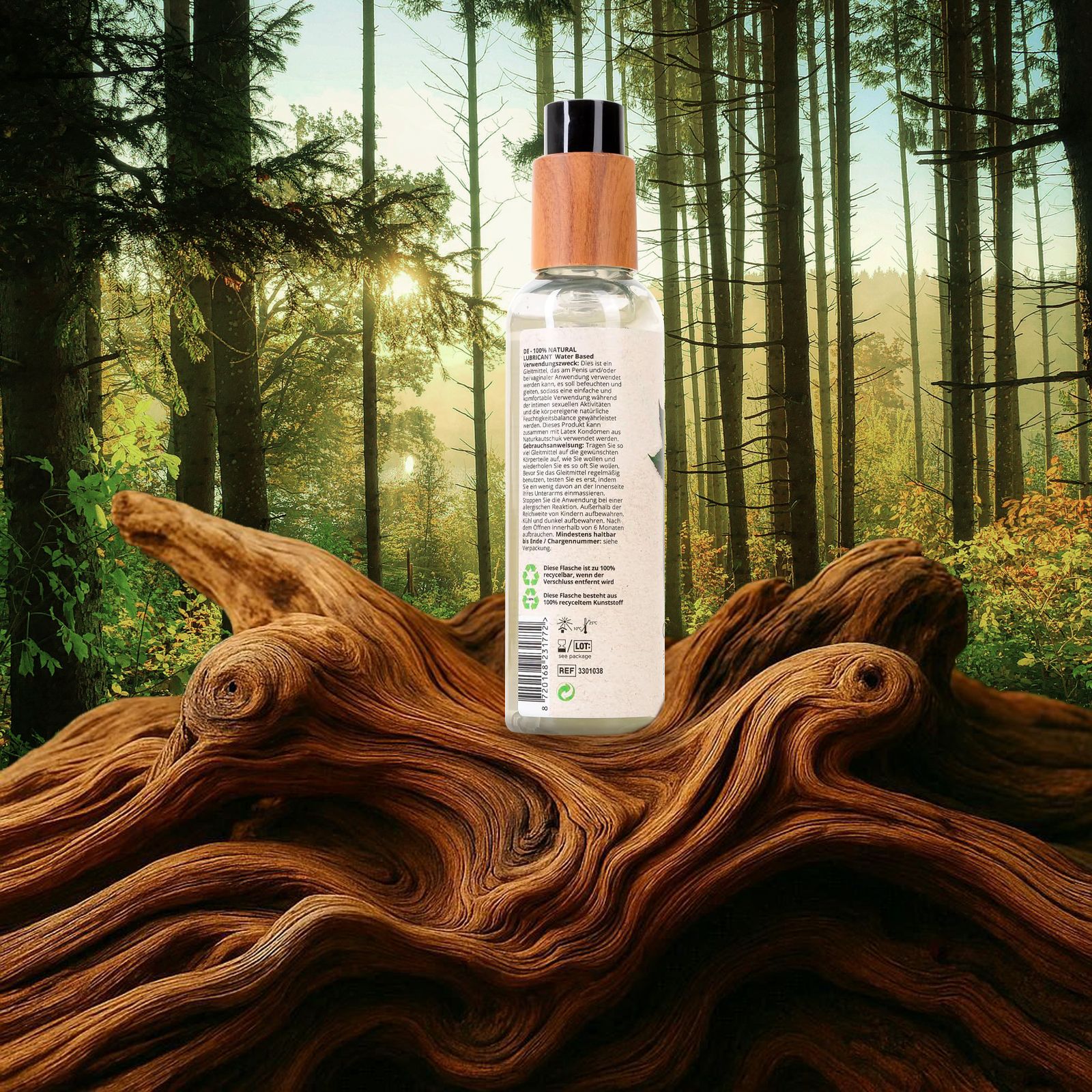 Rückseite der BIO BALANCE Gleitmittel-Flasche. Text mit Produktinformationen und Inhaltsstoffen.