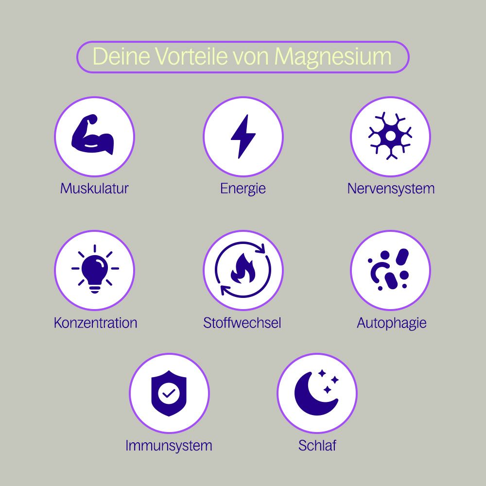 Grafik mit Symbolen für Vorteile von Magnesium: Muskeln, Energie, Nervensystem, Konzentration, Stoffwechsel, Autophagie, Immunsystem, Schlaf.