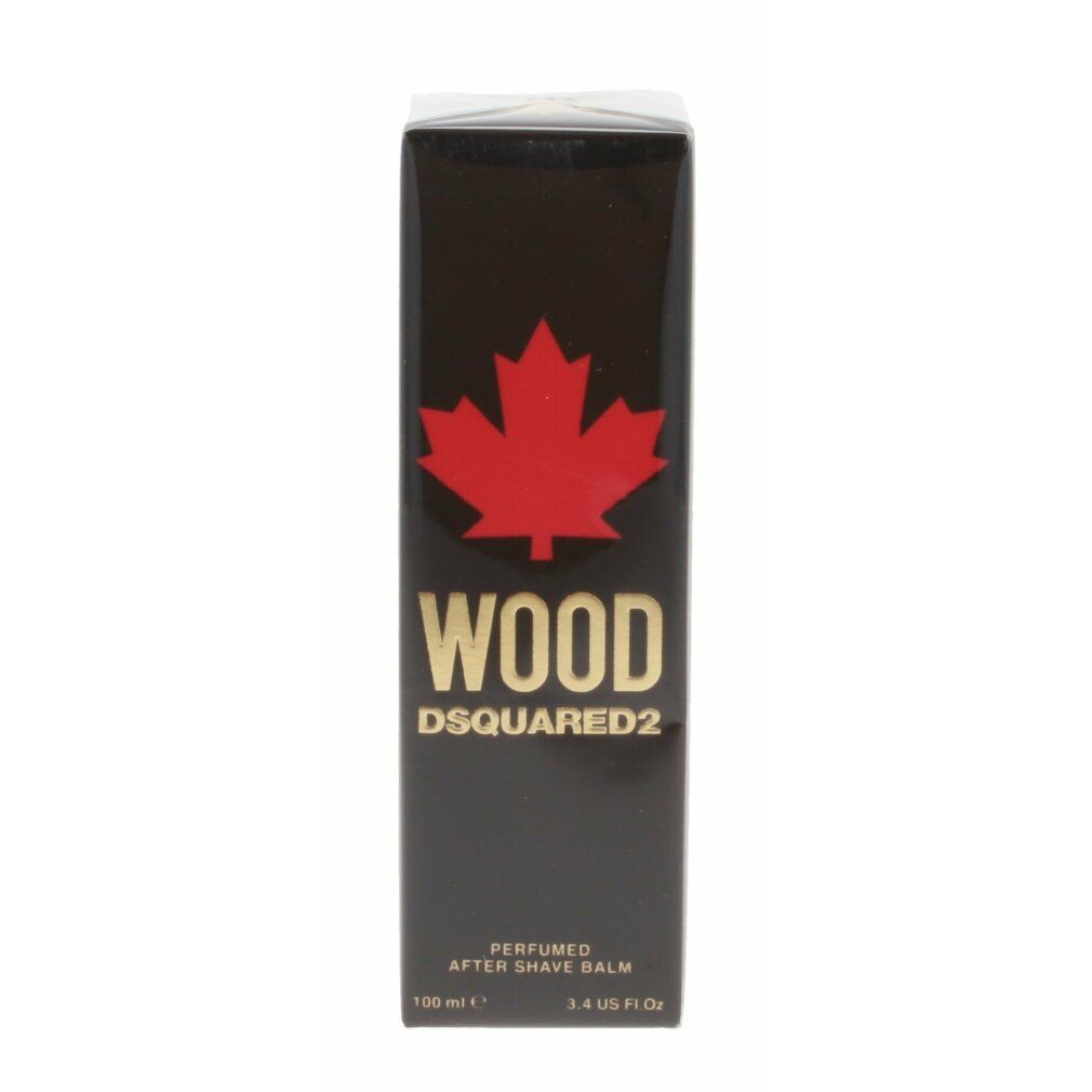 Schwarze Schachtel mit rotem Ahornblatt und goldfarbenem Schriftzug WOOD DSQUARED2. Aufschrift: PERFUMED AFTER SHAVE BALM. 100 ml.