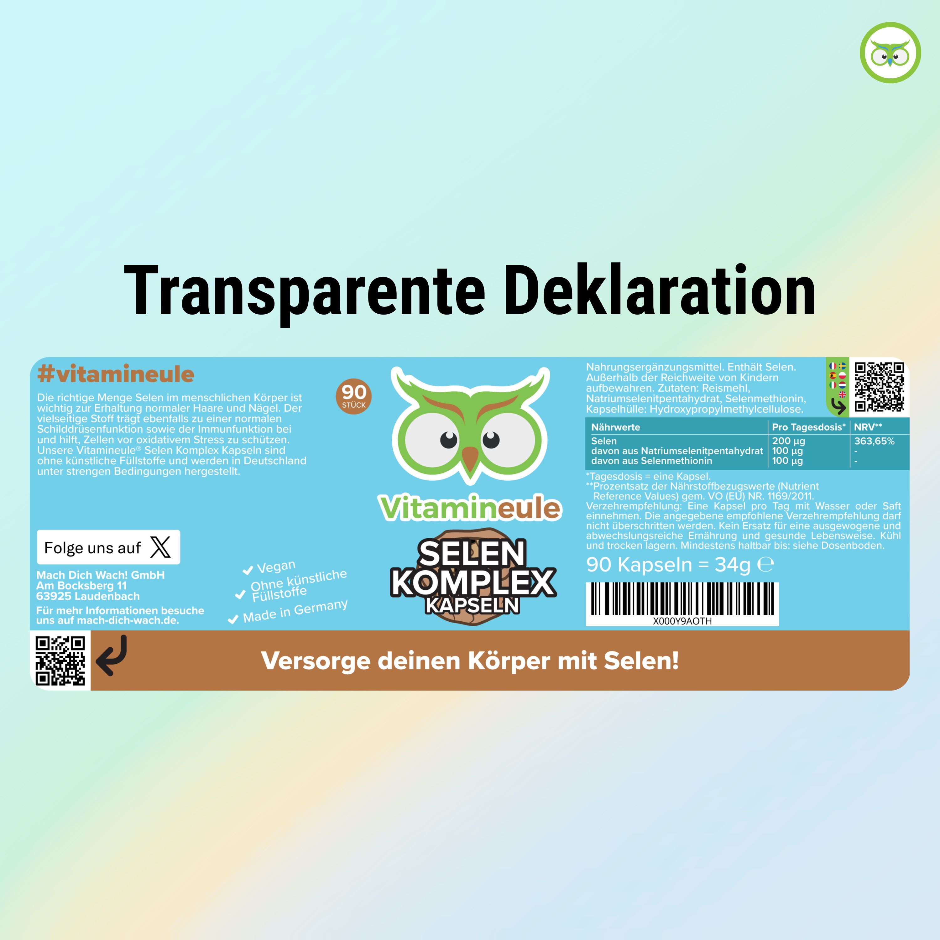 Etikett der Selen Komplex Kapseln. Marke: Vitamineule. Enthält 90 Kapseln. Aufschrift: "Versorge deinen Körper mit Selen!" Vegan, ohne künstliche Zusätze, Made in Germany.