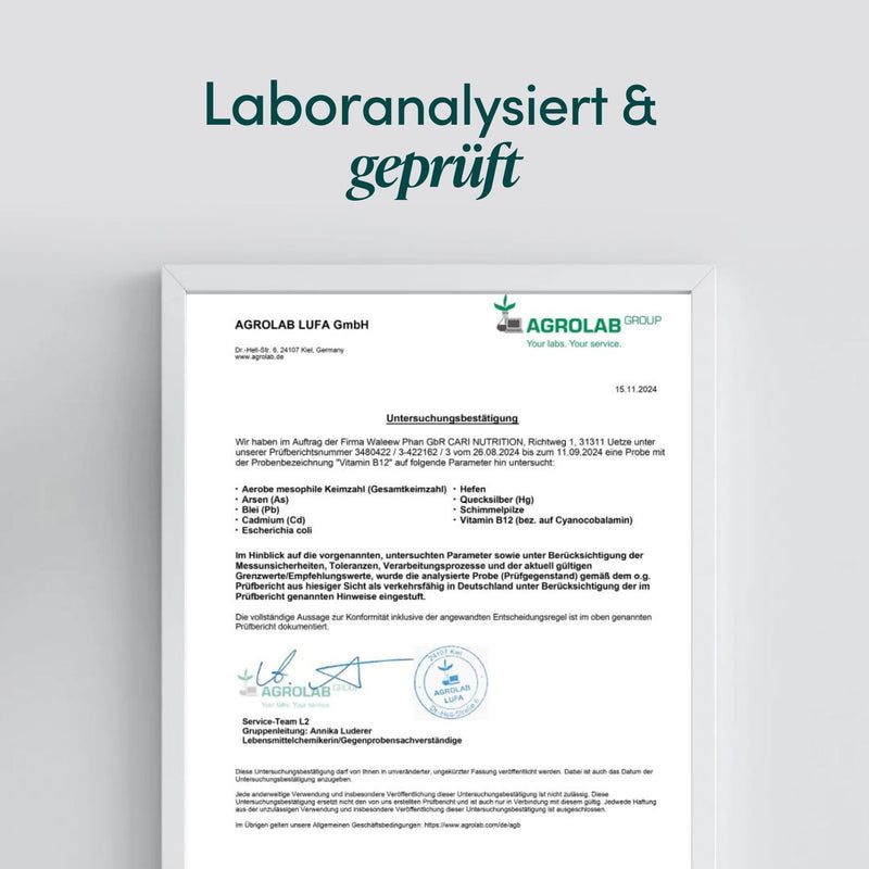 Untersuchungsbestätigung von AGROLAB GROUP für CARI NUTRITION Vitamin B12.