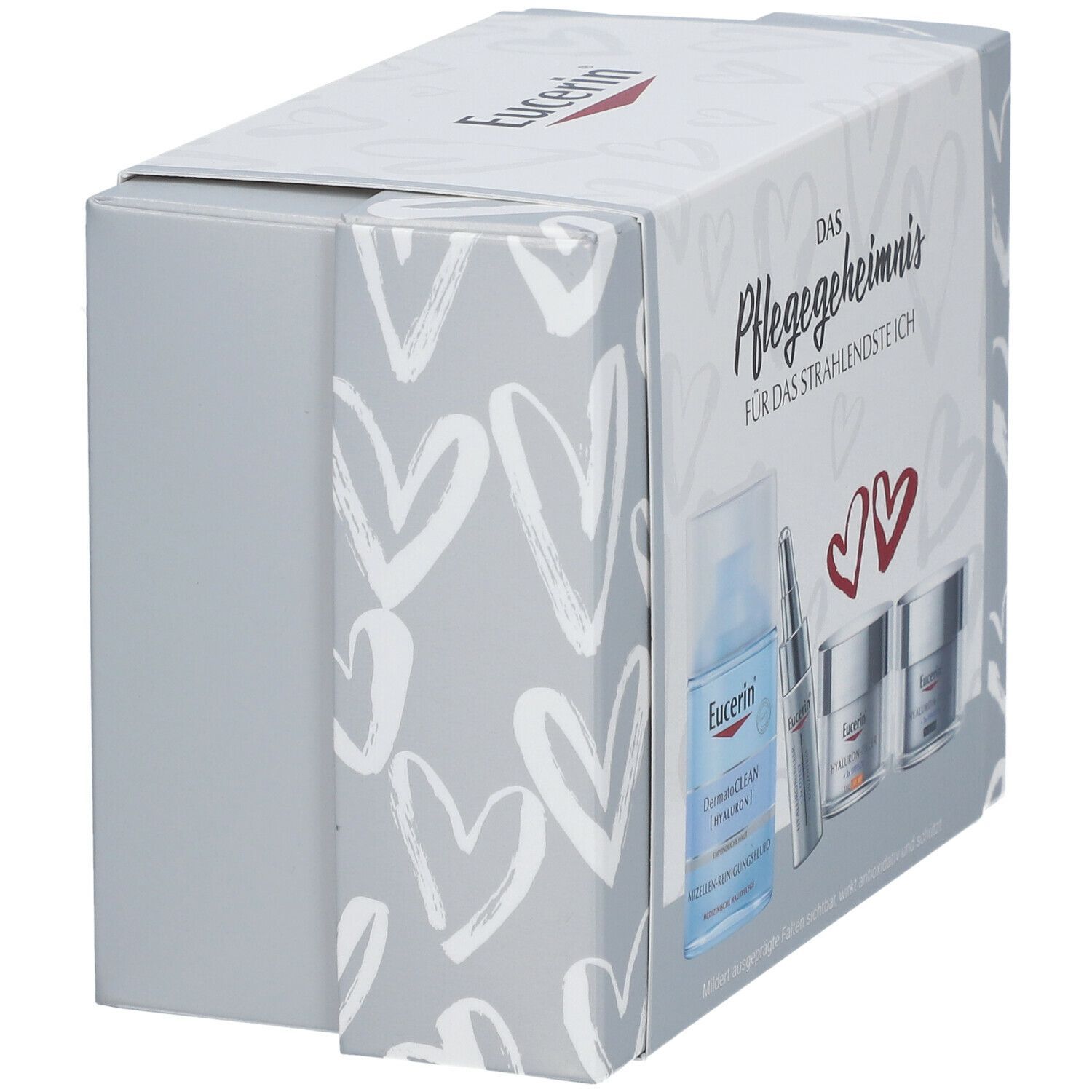 Graue Geschenkbox mit Herzmuster. Enthält Produkte für die Gesichtspflege. Eucerin Logo und Produktnamen sind sichtbar.